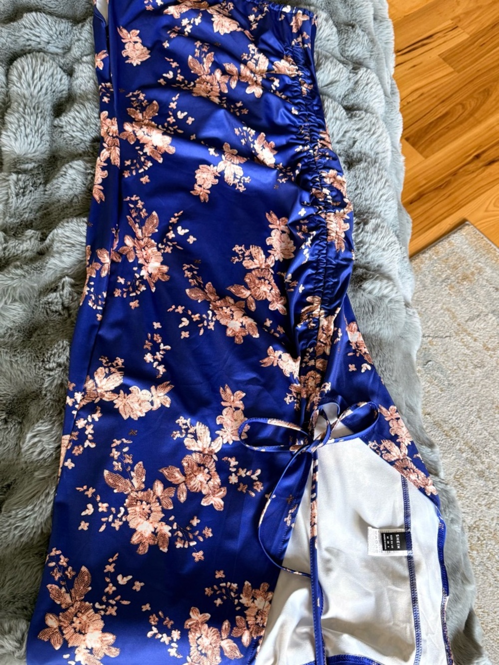 SHEIN Navy Satin Floral Drawstring Midi Skirt
